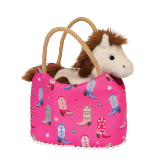 Plush horse toy in a pink cowboy boot print purse with rope handles, perfect Western-themed gift for kids from Simply Blessed Kids.