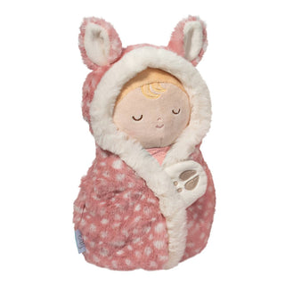 Douglas Pink Fawn Hug Doll—soft baby doll with embroidered face, golden hair, and removable plush fawn wrap with ears, tail, and faux fur trim.