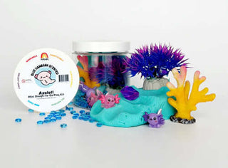 Axolotl Mini Dough-to-Go Jar – Sensory play jar with soft aqua dough, axolotl figurines, coral, gems, and vibrant underwater accessories.










