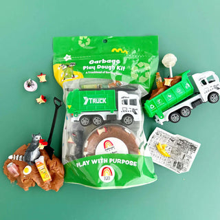 Garbage Play Kit – Sensory dough set with mini garbage truck, sorting toys, and trash-themed accessories for hands-on learning fun.
