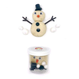Mini Snowman Dough Jar with white dough, snowman parts, and winter-themed accessories for creative holiday sensory play.