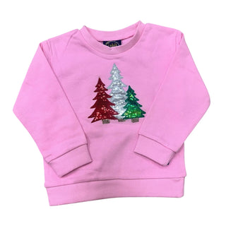 Pink Emma Jean Kids sweatshirt with red, silver, and green sequin Christmas trees. Cozy cotton blend for festive holiday outfits.