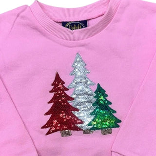 Emma Jean Kids crewneck sweatshirt with red, silver, and green sequin Christmas trees on a pink background.