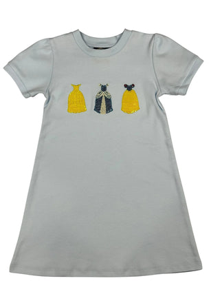 Light blue Emma Jean Kids Princess Applique Dress with three sparkling sequin princess gowns. Comfortable A-line fit for play or parties.