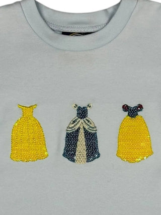 Light blue Emma Jean Kids Princess Applique Dress with three sparkling sequin princess gowns in yellow and navy sequins.