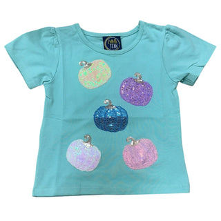 Aqua-blue Emma Jean Kids Pumpkin Patch Tee with five sparkly sequin pumpkins in pastel colors. Perfect for fall outfits and family photos.