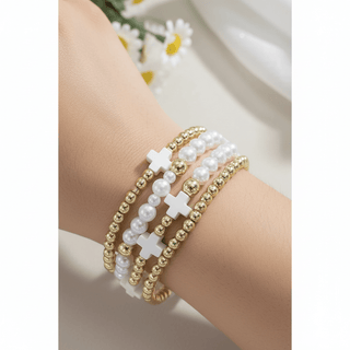 Faith & Grace: Layered Cross & Pearl Beaded Stretch Bracelet-Women's Bracelet-Simply Blessed Children's Boutique
