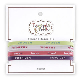 God Calls Me silicone bracelet set on Threads of Faith backer card displaying all four bracelets with inspirational words.