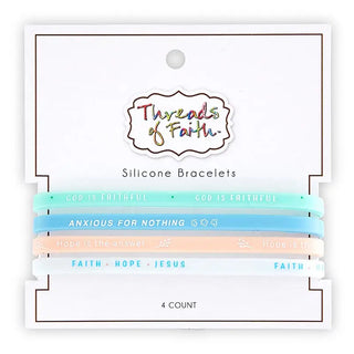 God Is Faithful silicone bracelet set packaged on Threads of Faith backer card showing all four bracelets with inspirational phrases