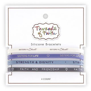 Sisters in Christ silicone bracelet set on Threads of Faith backer card displaying all four inspirational bracelets in jewel colors