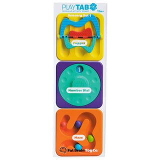 Fat Brain Play Tab Sensory Set 1 with yellow flipper, green number dial, and orange maze for baby sensory learning on toy board.