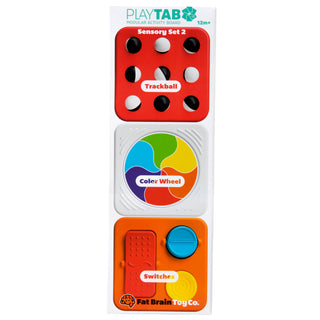 Fat Brain Play Tab Sensory Set 2 featuring red trackball, rainbow color wheel, and orange switches for toddler fun.