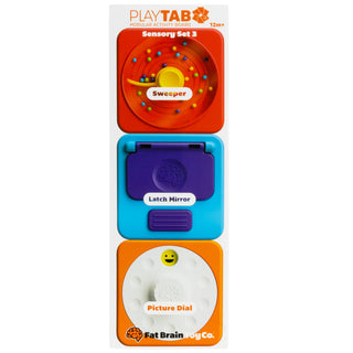 Fat Brain Play Tab Sensory Set 3 with orange sweeper, purple latch mirror, and picture dial to use in interactive toy board.