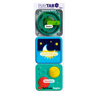 Fat Brain Play Tab Sensory Set 4 board with green gears, picture change tile, and squeaker for toddler sensory play.