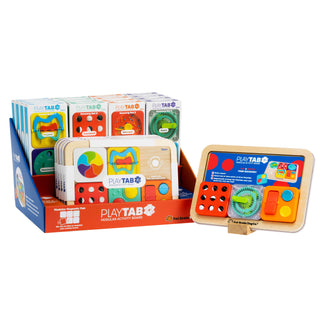 Fat Brain Play Tab cardboard display with boxed sets and completed modular board ready for store shelf presentation.