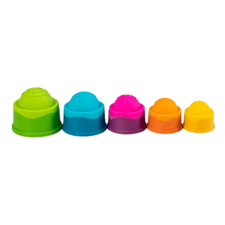 Five colorful Dimpl Stack cups lined up in a row, each with a silicone bubble top featuring unique textures for tactile play.