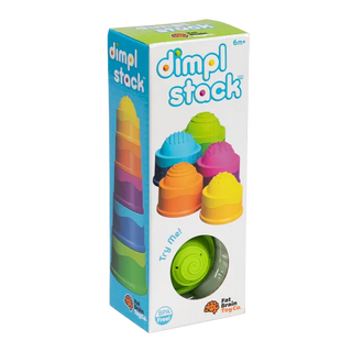 Box packaging of Fat Brain Dimpl Stack toy showing colorful cups with silicone bubbles, designed for babies to stack, pop, and explore textures.