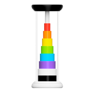 Front view of Fat Brain Flipty toy showing full rainbow ring stack inside clear tube with black and white end caps