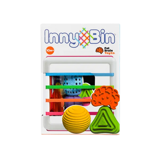 Boxed Fat Brain InnyBin packaging showing elastic band cube with colorful textured shapes for babies 10 months and older