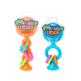 Two pipSquigz Loops toys, one orange and one teal, each with suction cups and bright textured loops, perfect for babies six months and up.