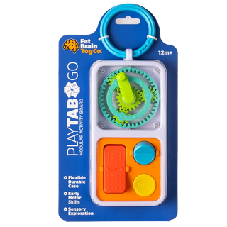PlayTab Go modular activity board includes gears and textured tiles in a compact, portable case with stroller ring attachment.