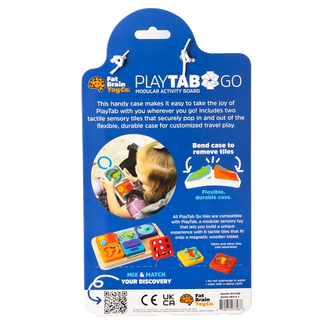 Flexible PlayTab Go sensory board shows interchangeable tiles and case design for easy tile removal and creative toddler exploration.