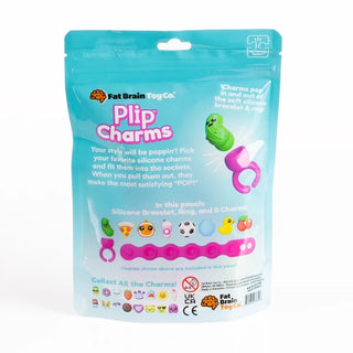 Back of blue Plip Charms pouch showing the bracelet, ring, and 8 charms with playful text and product display for gifting or collecting.