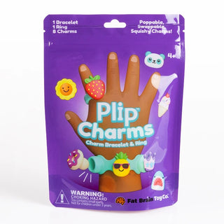 Front of purple Plip Charms pack with teal bracelet and colorful charms like panda, donut, strawberry, shark, ice cream, and emoji.