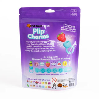 Back of purple Plip Charms pouch featuring teal bracelet, ring, and charms including pineapple, donut, strawberry, sun, and others.