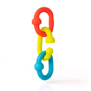 Colorful Plip Grips connected in a chain with unique baby-safe textures and flexible silicone links for teething, gripping, and playing.