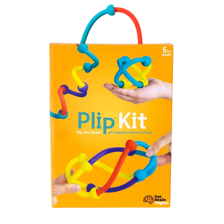 Front of Plip Kit packaging showing hands holding bendable silicone parts and sample builds for kids and adults to explore creative play.