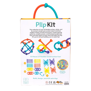Back of Plip Kit package showing 52 silicone building pieces and sample builds using colorful ball-and-socket connectors for sensory play.