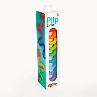 Front of the Plip Links box showing the 20 colorful links through a clear window, designed for ages 3 to adult by Fat Brain Toy Co.
