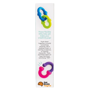 Package side of Plip Links with product info describing the creative fun of linking, popping, and sculpting with flexible silicone parts.