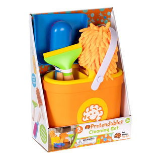 Retail packaging for Pretendables Cleaning Kit showing contents in orange bucket including mop, brush, and squeegee with branded display.