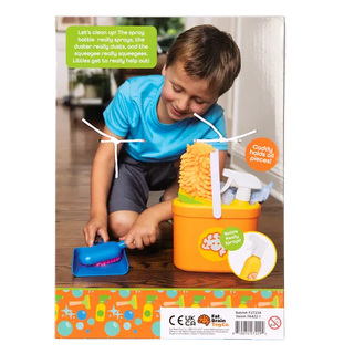 Back of Pretendables Cleaning Kit box showing a child in action, with tool labels, caddy details, and features like spray bottle and dustpan.