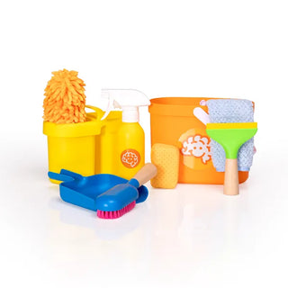 Pretendables Cleaning Kit shown on white background with all pieces, including mop, towel, squeegee, brush, sponge, and spray bottle.