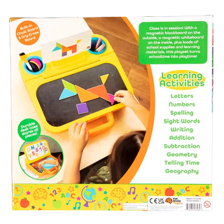 Back of box showing a child playing with magnetic chalkboard and tangrams; features listed include letters, math, and geography.