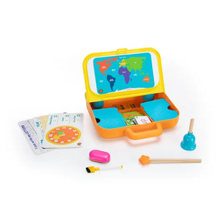 Pretendables School Desk open with map, clock, marker, bell, eraser, pointer, flashcards, and trays displayed on a white background.