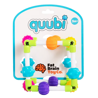 Quubi sensory cube retail packaging with colorful beads and bendy elastic bands, designed by Fat Brain Toy Co. for babies 3 months and older.