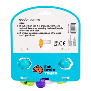 Back of Quubi sensory cube packaging showing bendable cube design, textured beads, and Fat Brain Toy Co. details for sensory baby play.