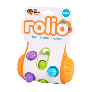 Front packaging of Rolio sensory roller toy by Fat Brain Toys, showing colorful pegs and tagline 'Roll. Shake. Explore.' for babies 6 months and up.