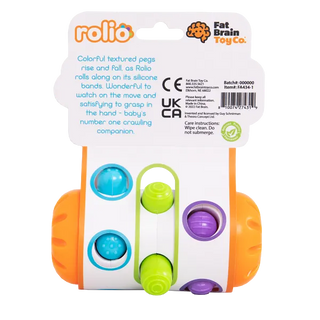 Back view of Rolio packaging highlighting sensory play features including textured pegs, silicone wheels, and rattle sounds for baby development.