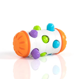 Side view of Rolio baby sensory toy showing colorful textured pegs that move as it rolls, encouraging grasping, shaking, and playful discovery.