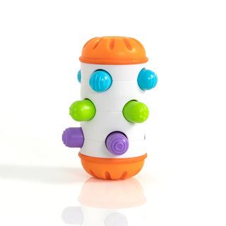 Rolio sensory baby toy with bright textured pegs and soft silicone wheels, designed for babies 6 months and up to roll, shake, and explore.
