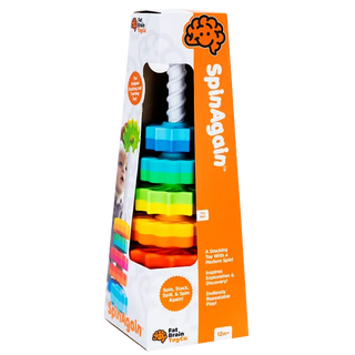 Front of SpinAgain package displays assembled toy with rainbow discs stacked on a white spiral pole, promoting sensory play.
