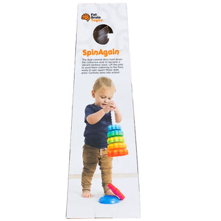 SpinAgain packaging shows toddler playing while colorful discs spin down corkscrew pole, enhancing curiosity and skill.