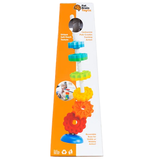 Side view of SpinAgain packaging showing textured discs and spiral pole with reversible base for stable or wobbly play.