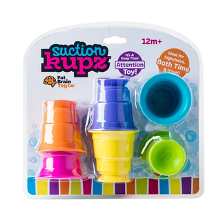 Front of Suction Kupz retail packaging featuring six colorful silicone cups for stacking, sticking, scooping, and bath play.