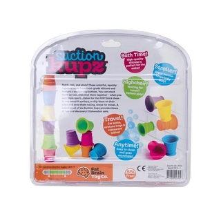 Back of Suction Kupz packaging highlighting multiple play uses including bath time, highchairs, strollers, travel, and open-ended fun.